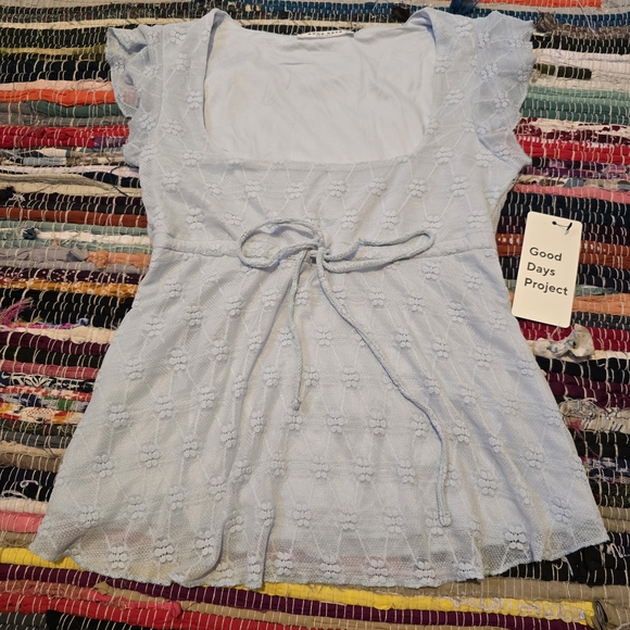 Forever 21 Tops - Y2k Peasant Top Light Blue Lace Knit Flower Lace Top Tie Bridgerton Top